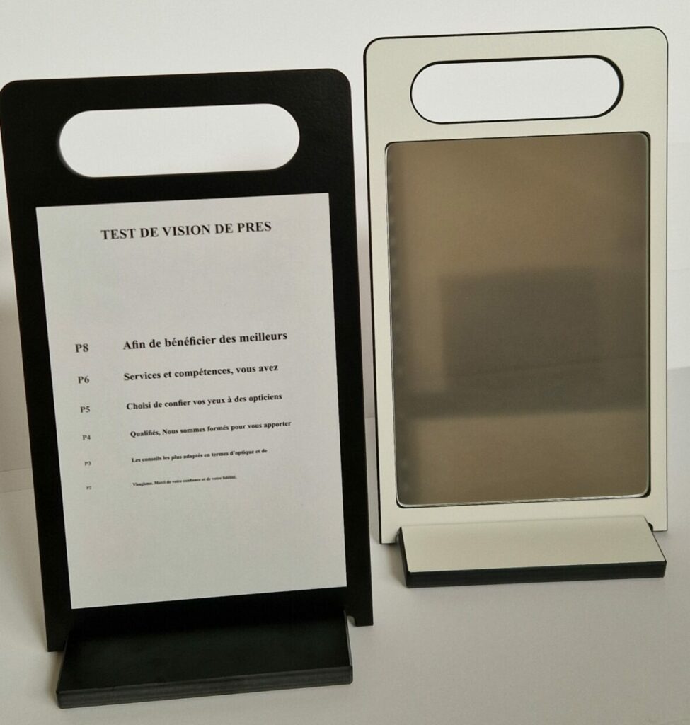 Création de Miroir de présentation lunettes en compact HPL - conçu par Favre Technics pour Optilook (Ain)